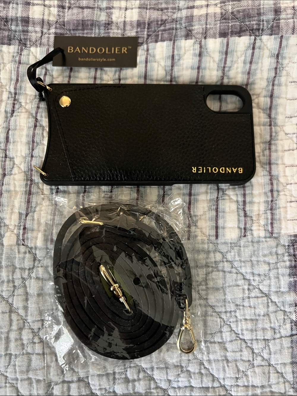 Bandolier Black Leather Crossbody Phone Case with Gold Accents